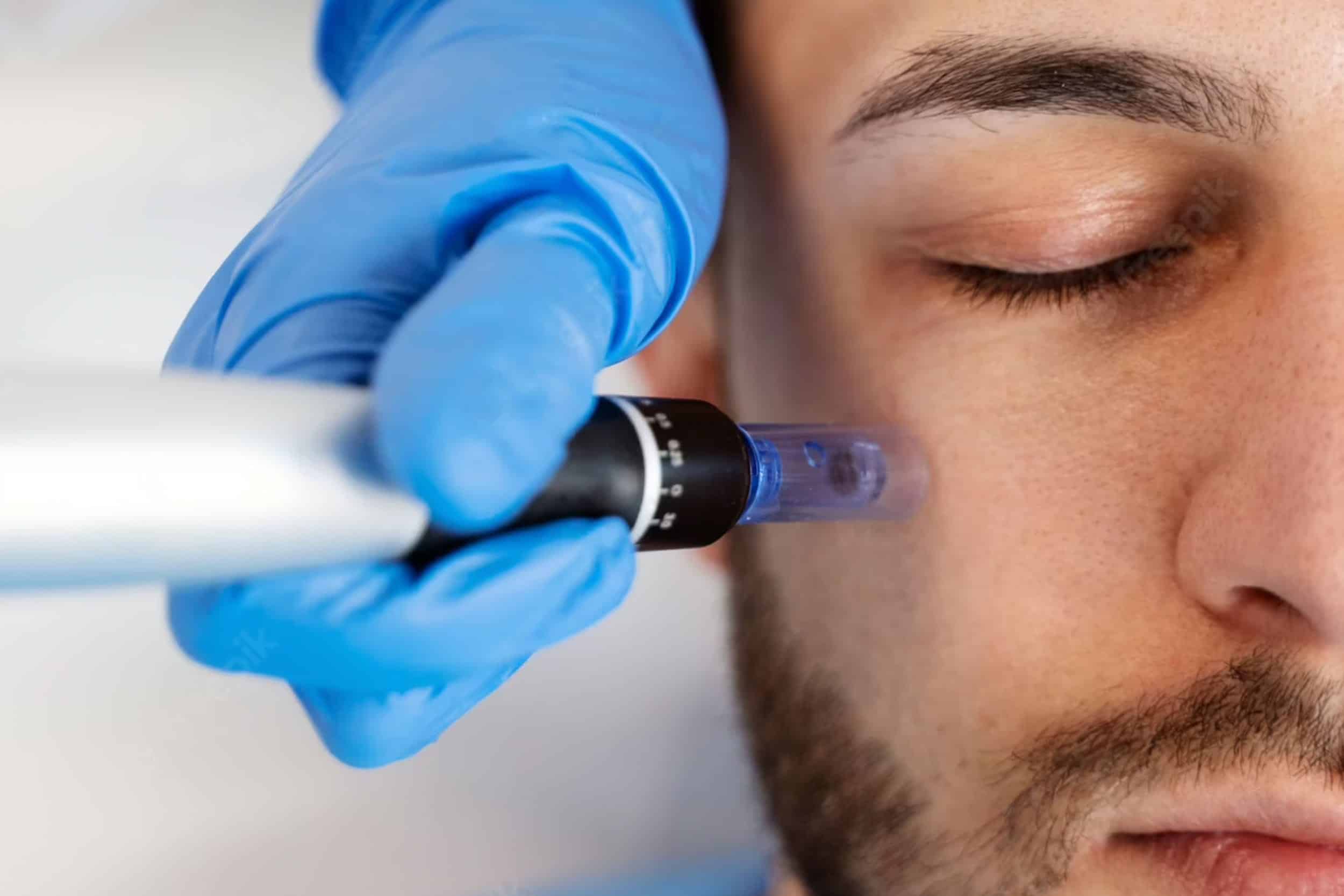 Tratamiento facial con microaguja en rostro masculino.